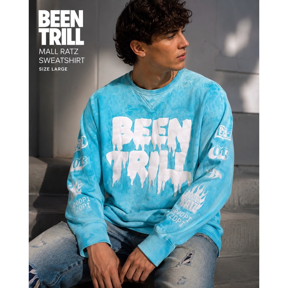 Been Trill Large Acid Wash Graphic Sweatshirt Blue Streetwear Grunge Skater L